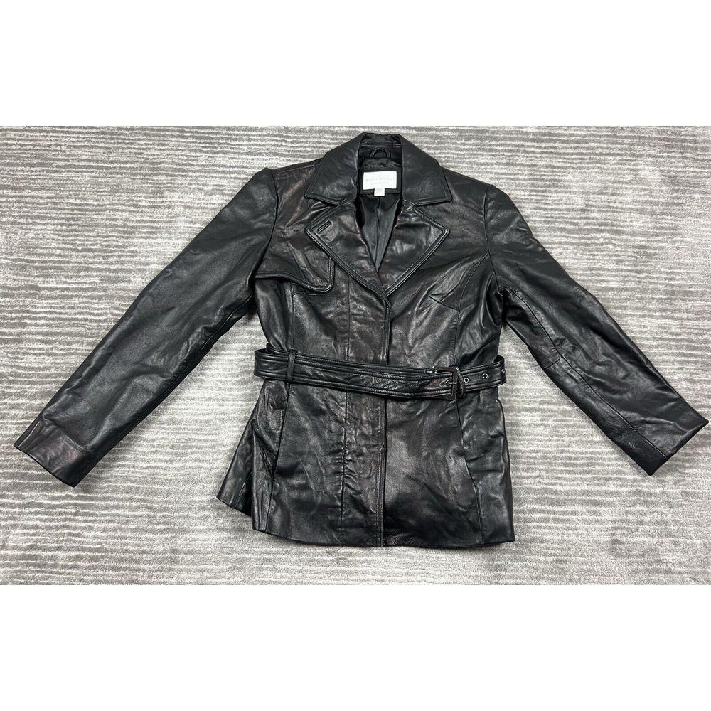 Worthington Jacket Womens Small‎ Black Genuine Leather Belted Snap